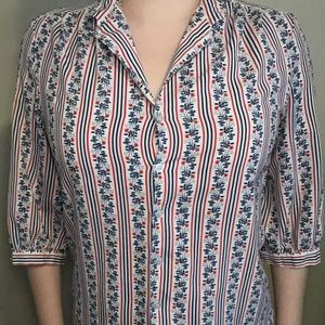 Red White and Blue Flower Print Button Up Blouse